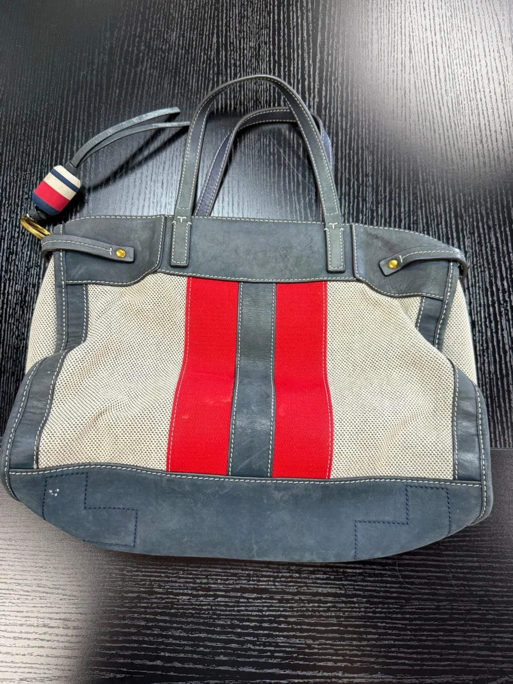 Tory Burch Canvas Tote with Red and Navy Stripe Accents nautical boat bag